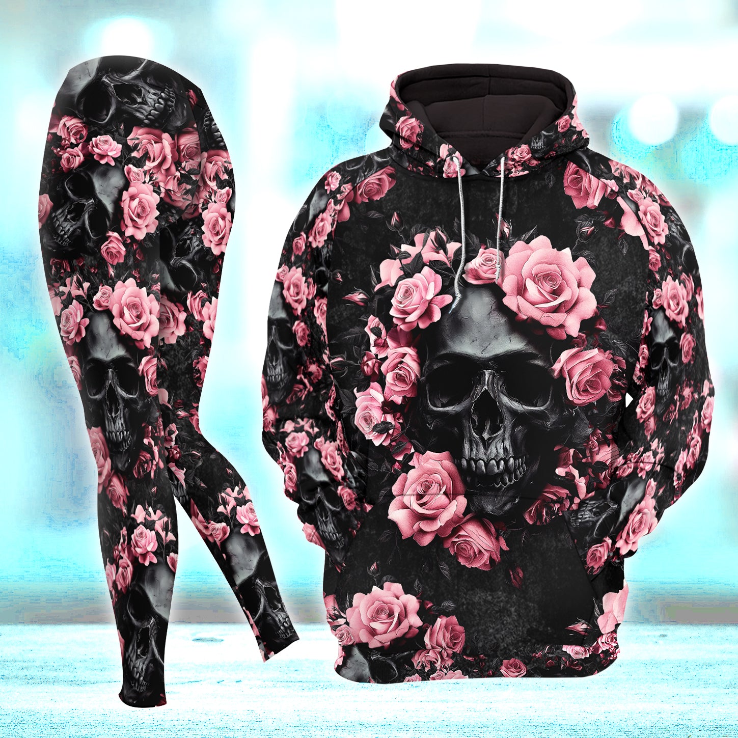 Black Pink Skull Rose Combo Hoodie and Leggings - Dark and edgy matching set with skull designs for a unique and stylish look