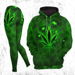 Women Hoodie and Leggings, Green Skull Leaf Pattern Outwear Pants Outfit