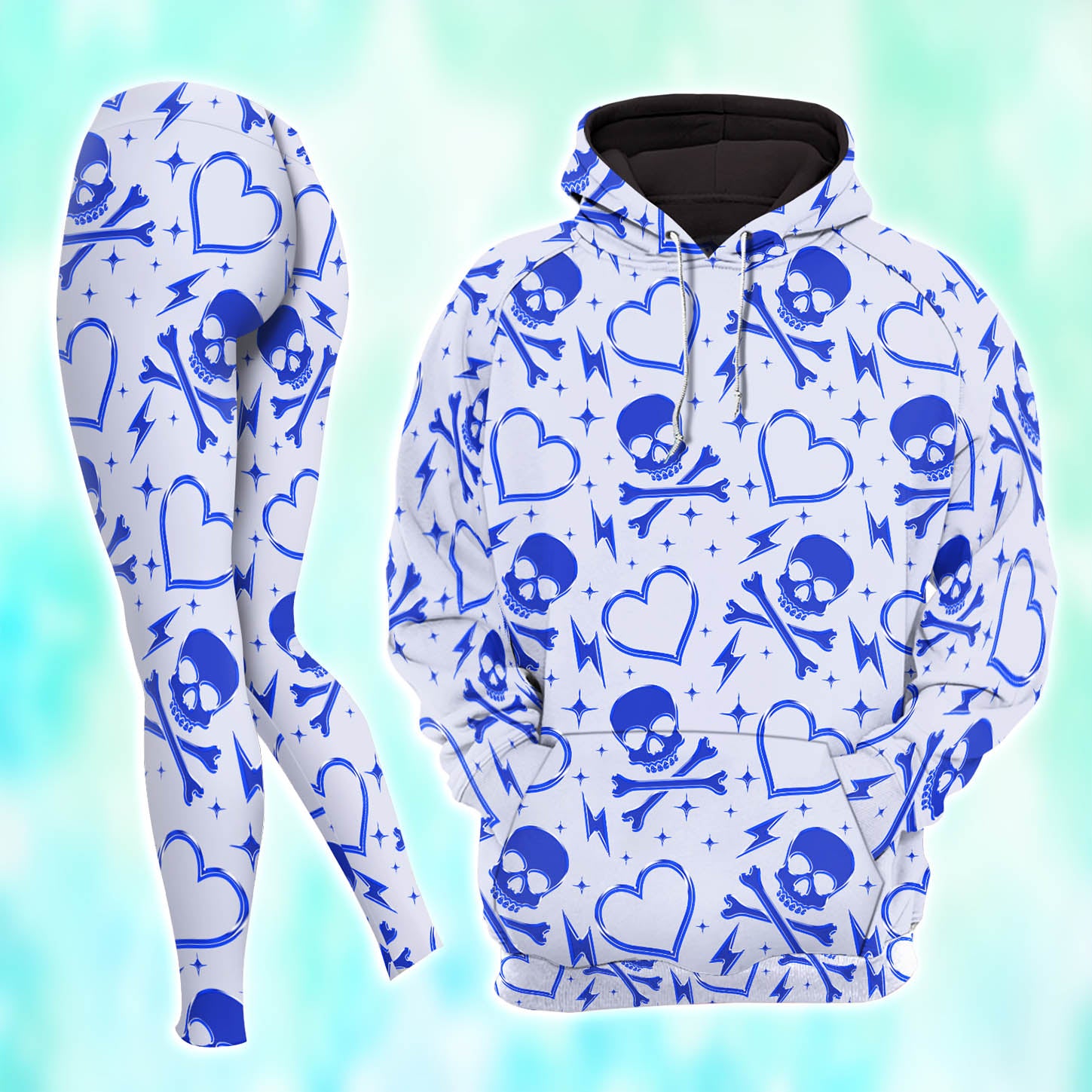 Blue Skull Heart Pattern Combo Hoodie and Leggings - Dark and edgy matching set with skull designs for a unique and stylish look