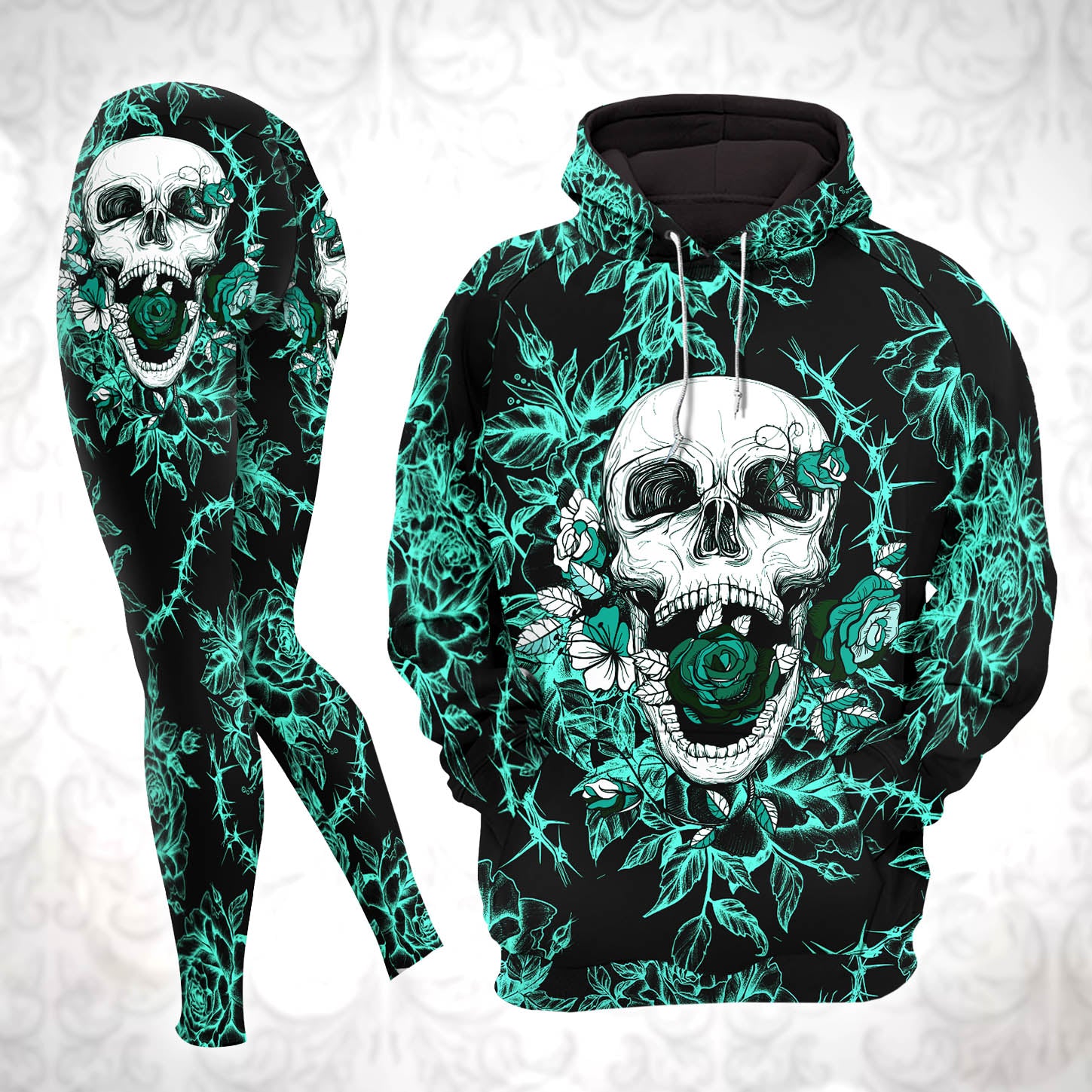 Cyan Skull Rose Floral Combo Hoodie and Leggings - Dark and edgy matching set with skull designs for a unique and stylish look