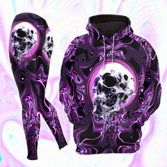 Purple Holographic Skull Melt Combo Hoodie and Leggings - Dark and edgy matching set with skull designs for a unique and stylish look