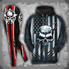 Dark American Flag Skull Combo Hoodie and Leggings - Dark and edgy matching set with skull designs for a unique and stylish look