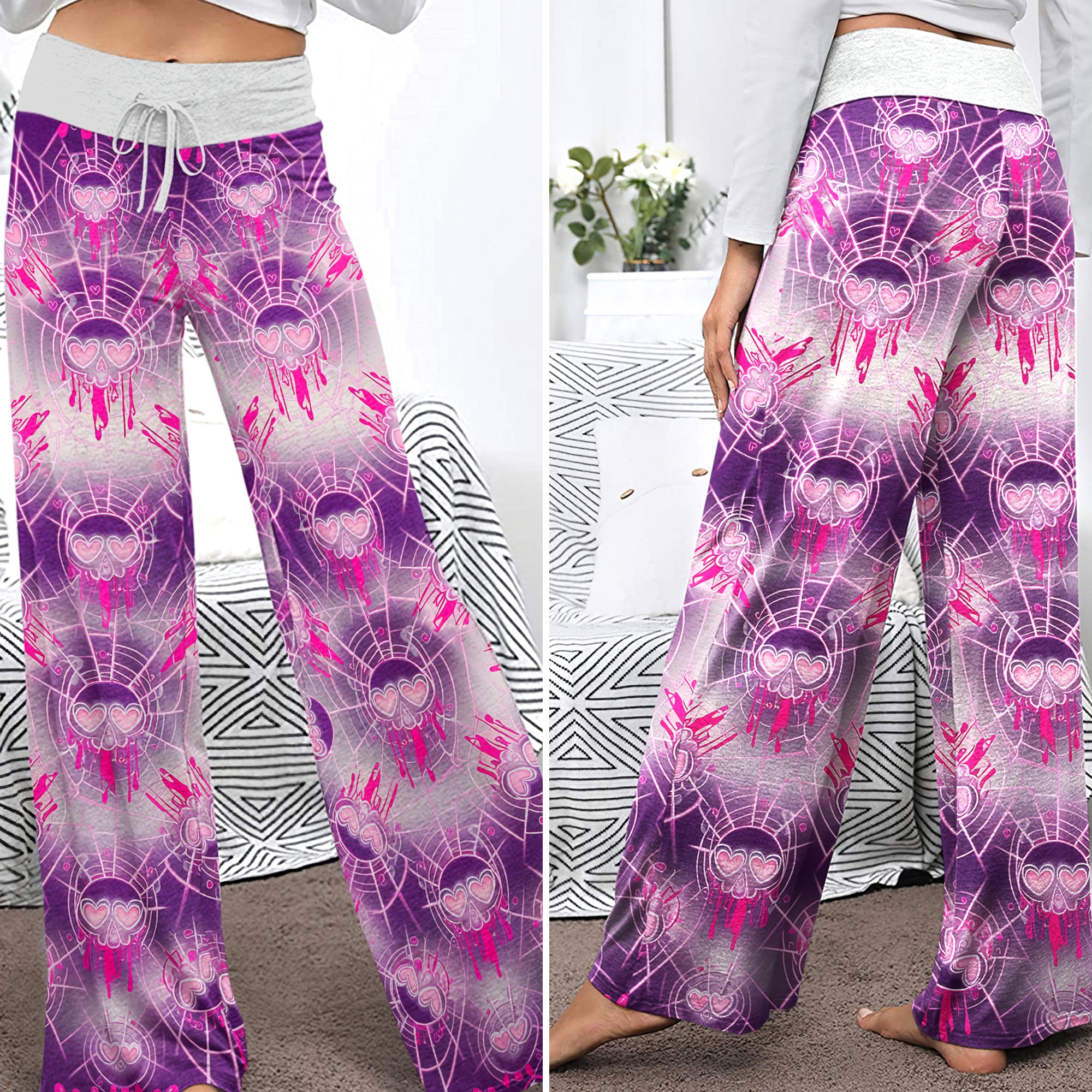 Pink Heart Skull Web Women's High-waisted Wide Leg Pants