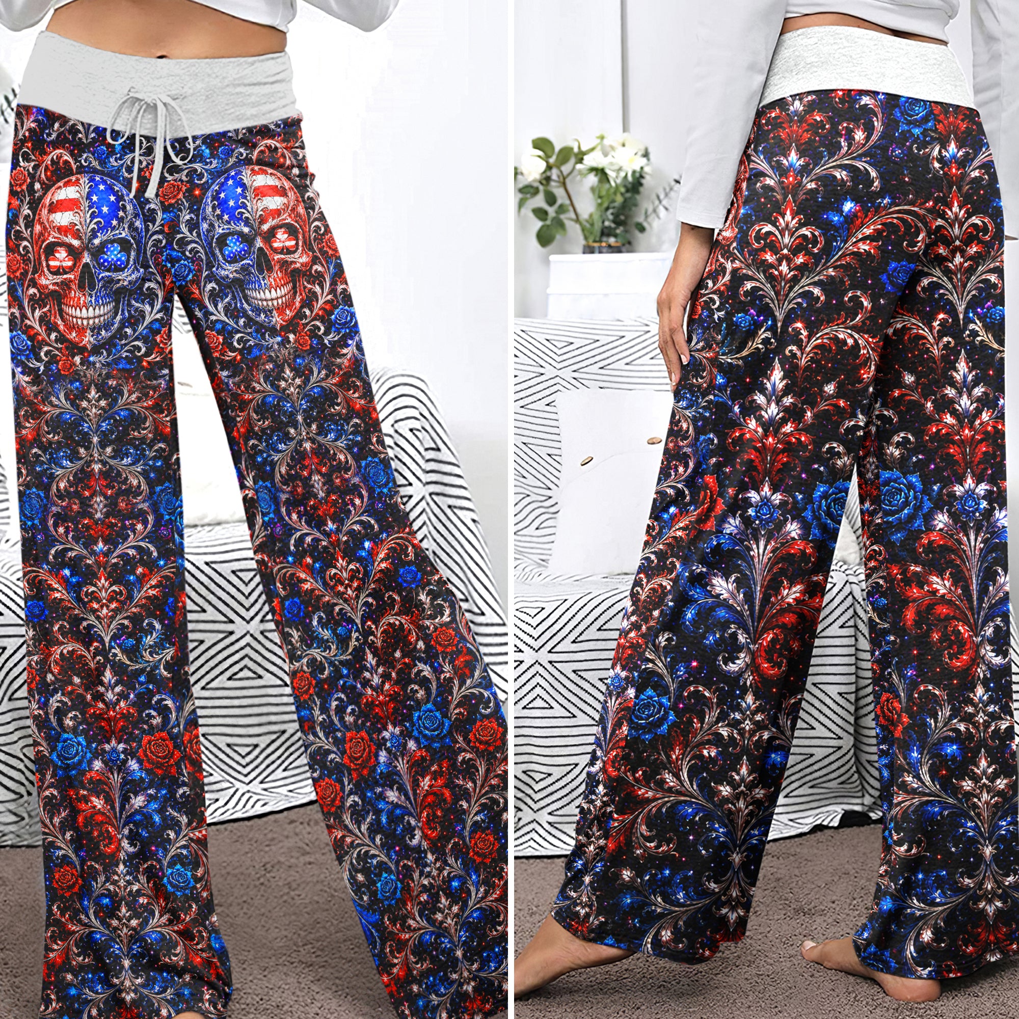 Baroque American Skull Women's High-waisted Wide Leg Pants