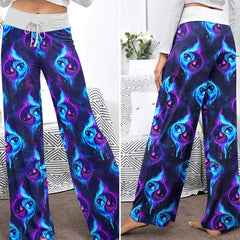 Neon Flame Skull Pattern Women's High-waisted Wide Leg Pants