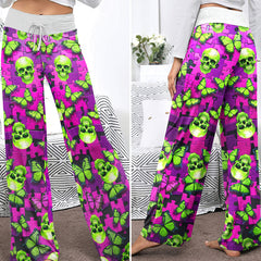 Neon Purple Puzzle Skull Women's High-waisted Wide Leg Pants
