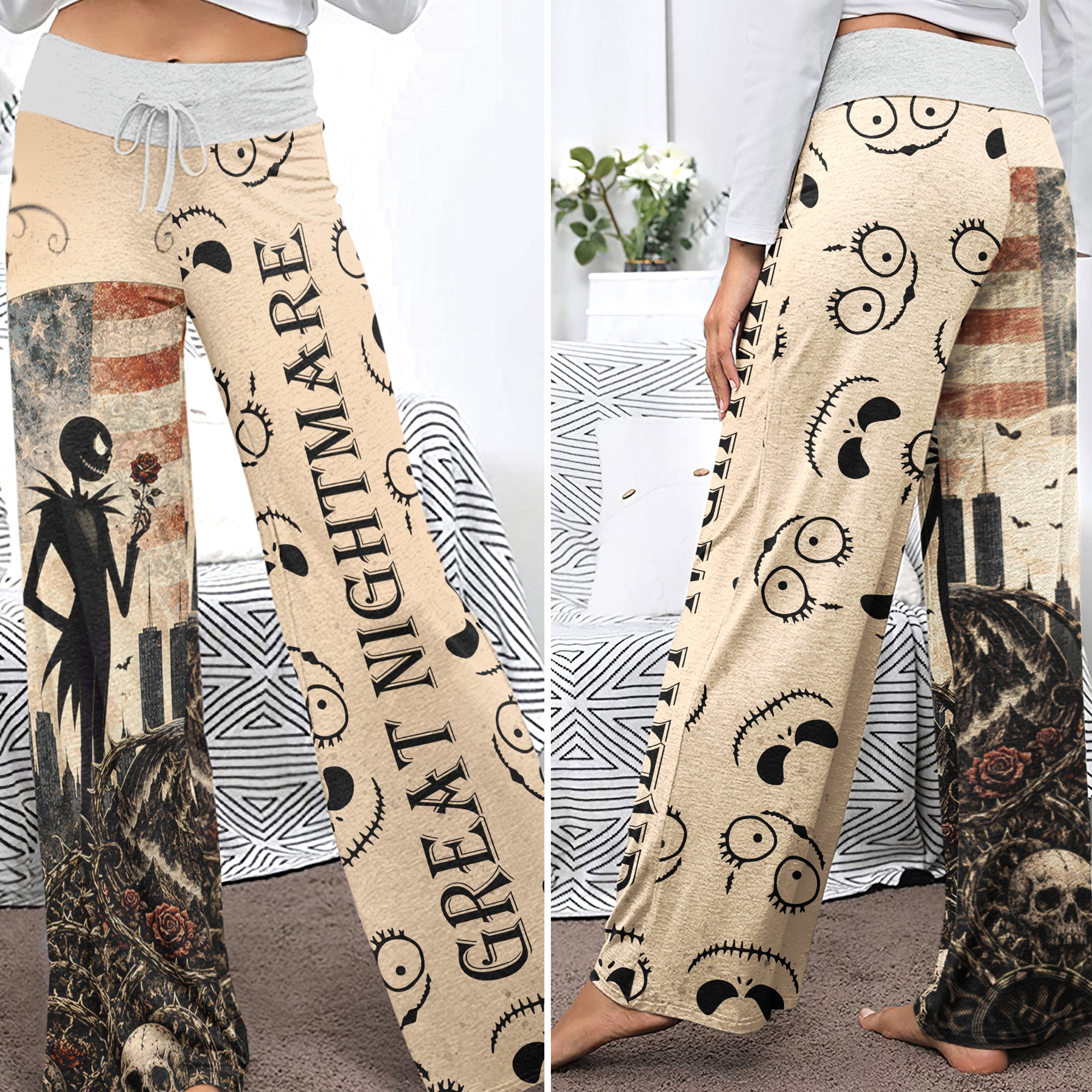 Gothic American Skeleton Rose Women's High-waisted Wide Leg Pants