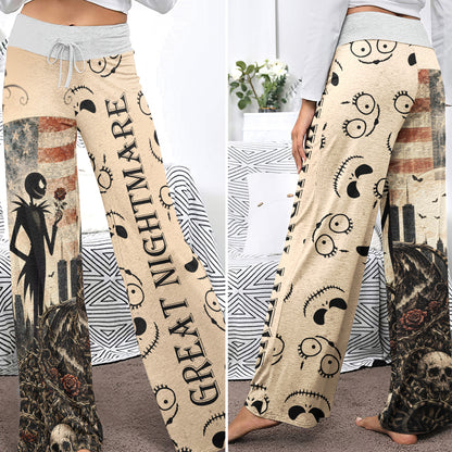 Gothic American Skeleton Rose Women's High-waisted Wide Leg Pants