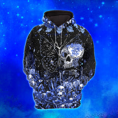 Women Hoodie and Leggings, Blue Butterfly Skull Art Outwear Pants Outfit