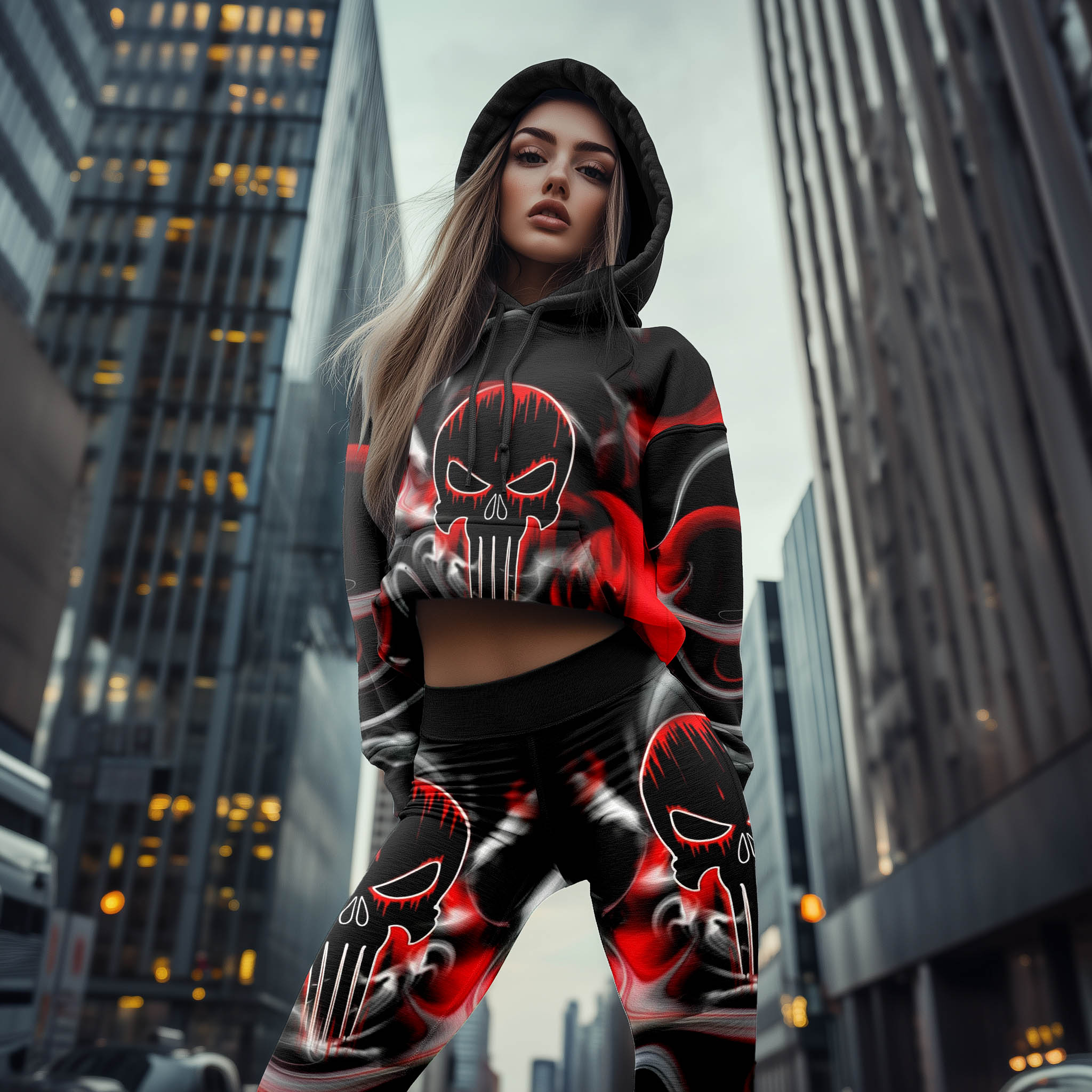 Women Hoodie and Leggings, Skull Melting Soul Art Outwear Pants Outfit