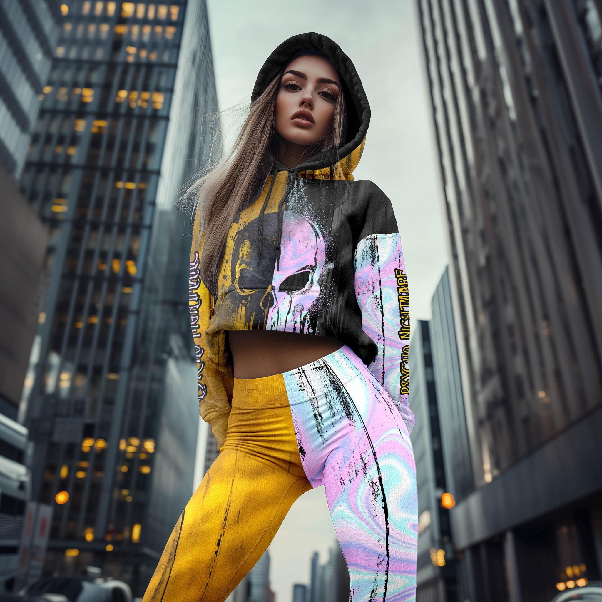 Women Hoodie and Leggings, Holographic Dual Skull Outwear Pants Outfit