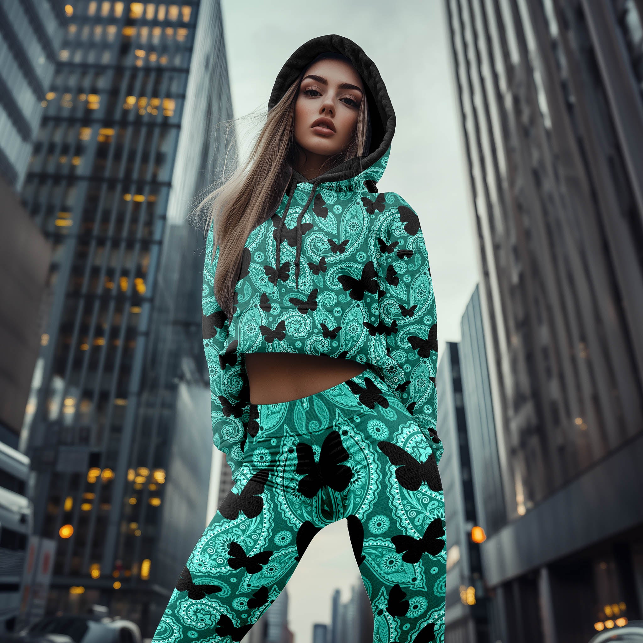 Women Hoodie and Leggings, Cyan Pattern Butterfly Outwear Pants Outfit