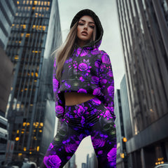 Women Hoodie and Leggings, Violet Skull Midnight Blossom Outwear Pants Outfit