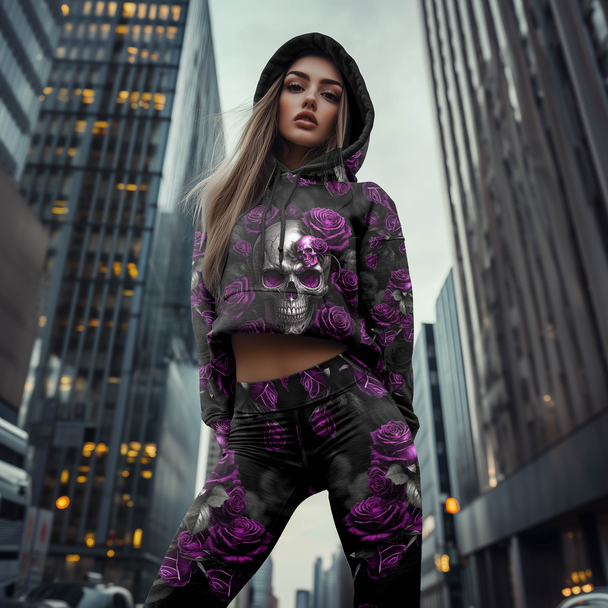 Women Hoodie and Leggings, Violet Scary Skull Rose Outwear Pants Outfit