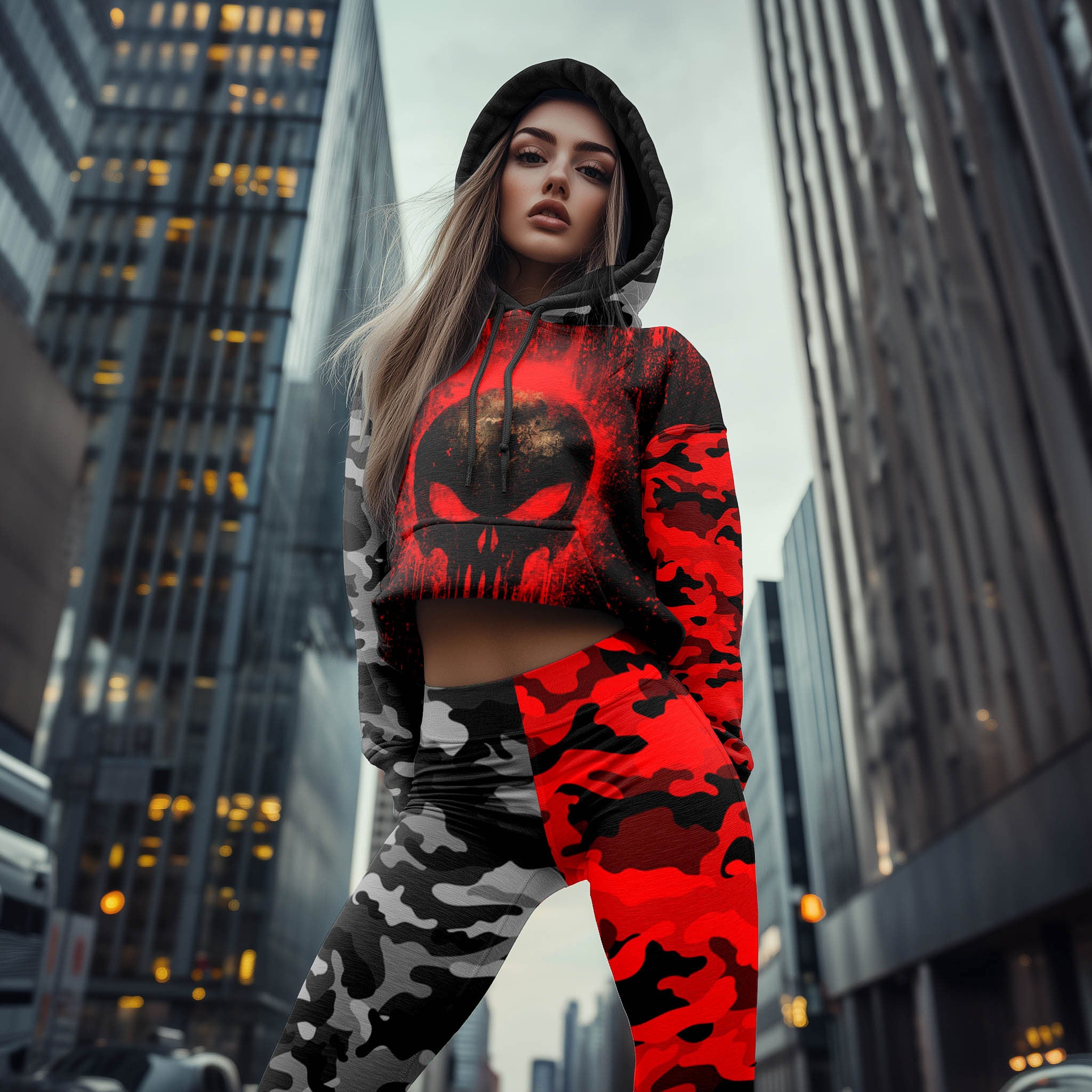 Women Hoodie and Leggings, Bloody Camo Skull Outwear Pants Outfit
