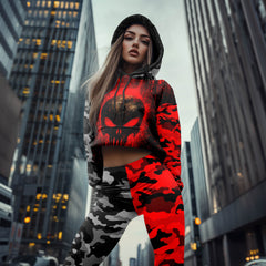 Women Hoodie and Leggings, Bloody Camo Skull Outwear Pants Outfit