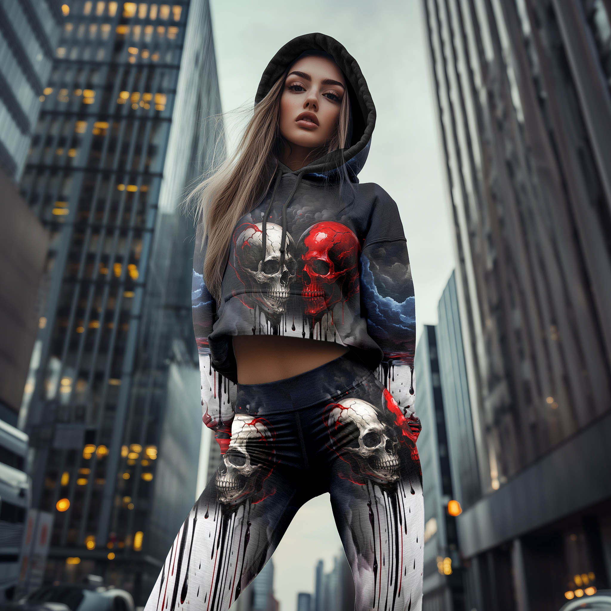 Women Hoodie and Leggings, Blood Couple Skull Art Outwear Pants Outfit
