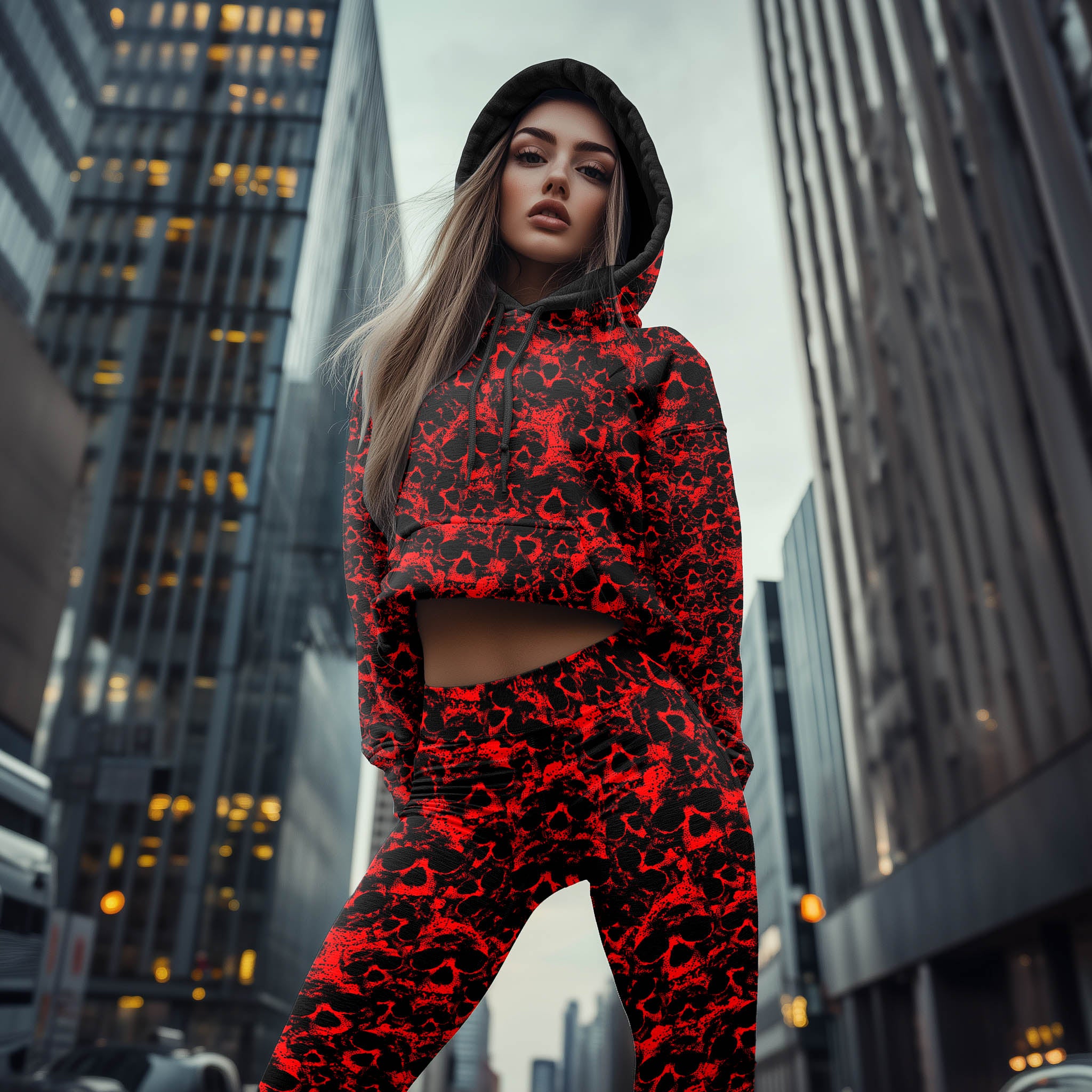 Women Hoodie and Leggings, Red Skull Pattern Outwear Pants Outfit