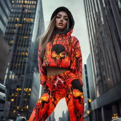 Women Hoodie and Leggings, Lava Skull Melting Art Outwear Pants Outfit