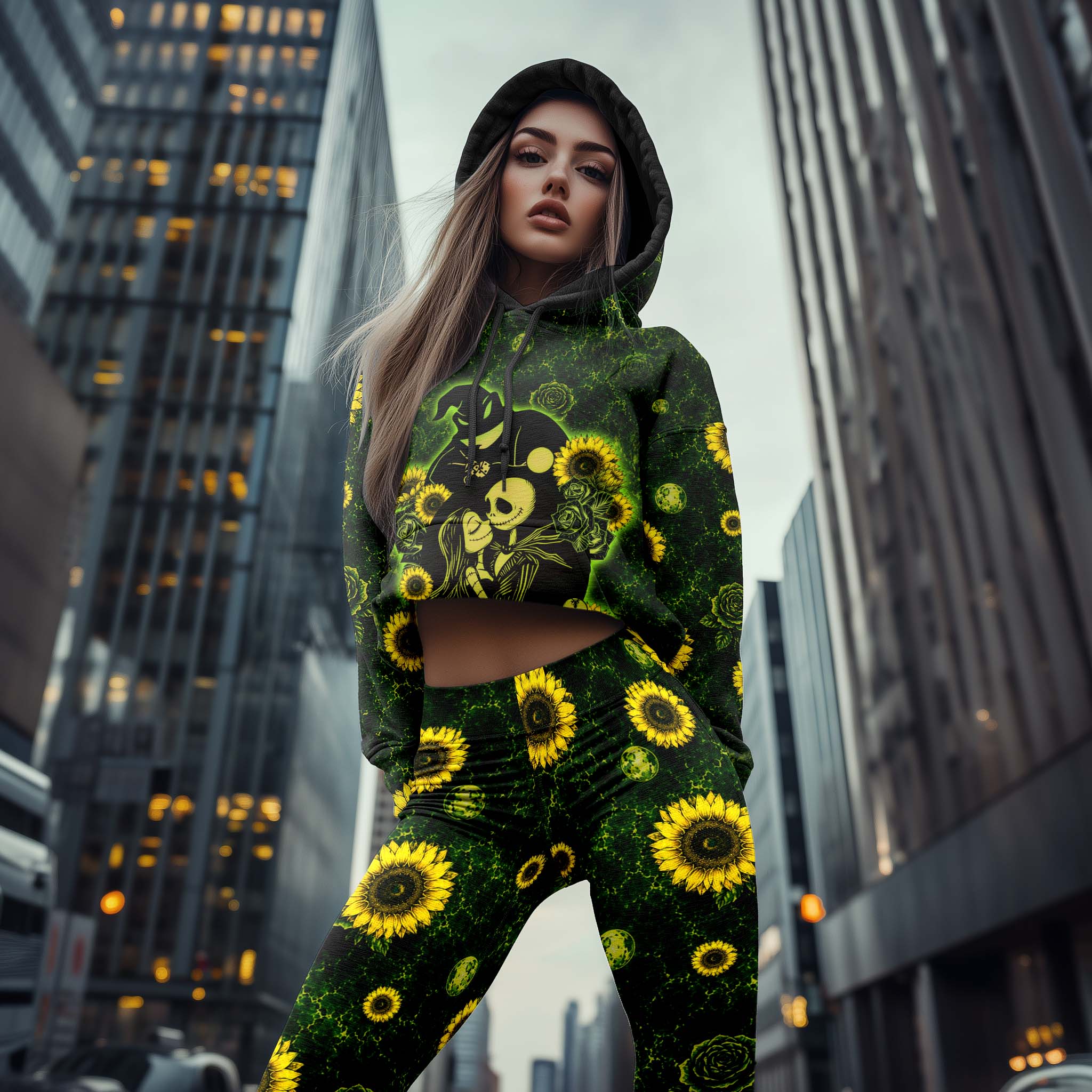 Women Hoodie and Leggings, Gothic Floral Skeleton Couple Outwear Pants Outfit