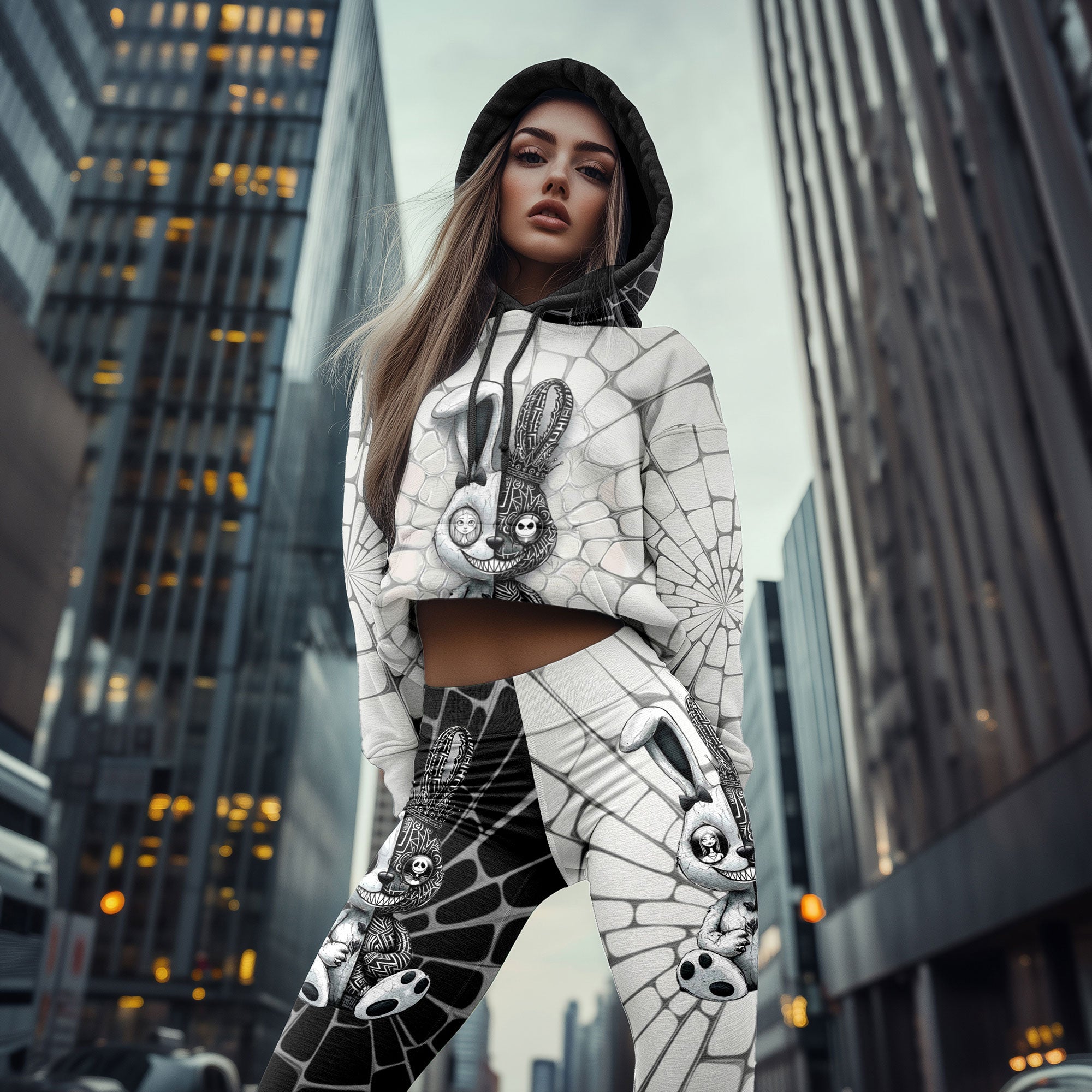 Women Hoodie and Leggings, Gothic Rabbit Skull Doll Outwear Pants Outfit