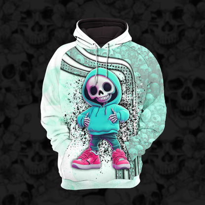 Women Hoodie and Leggings, Cyan Skeleton Artwork Outwear Pants Outfit