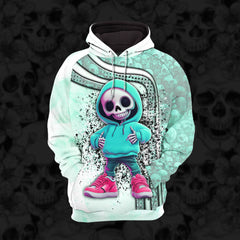 Women Hoodie and Leggings, Cyan Skeleton Artwork Outwear Pants Outfit