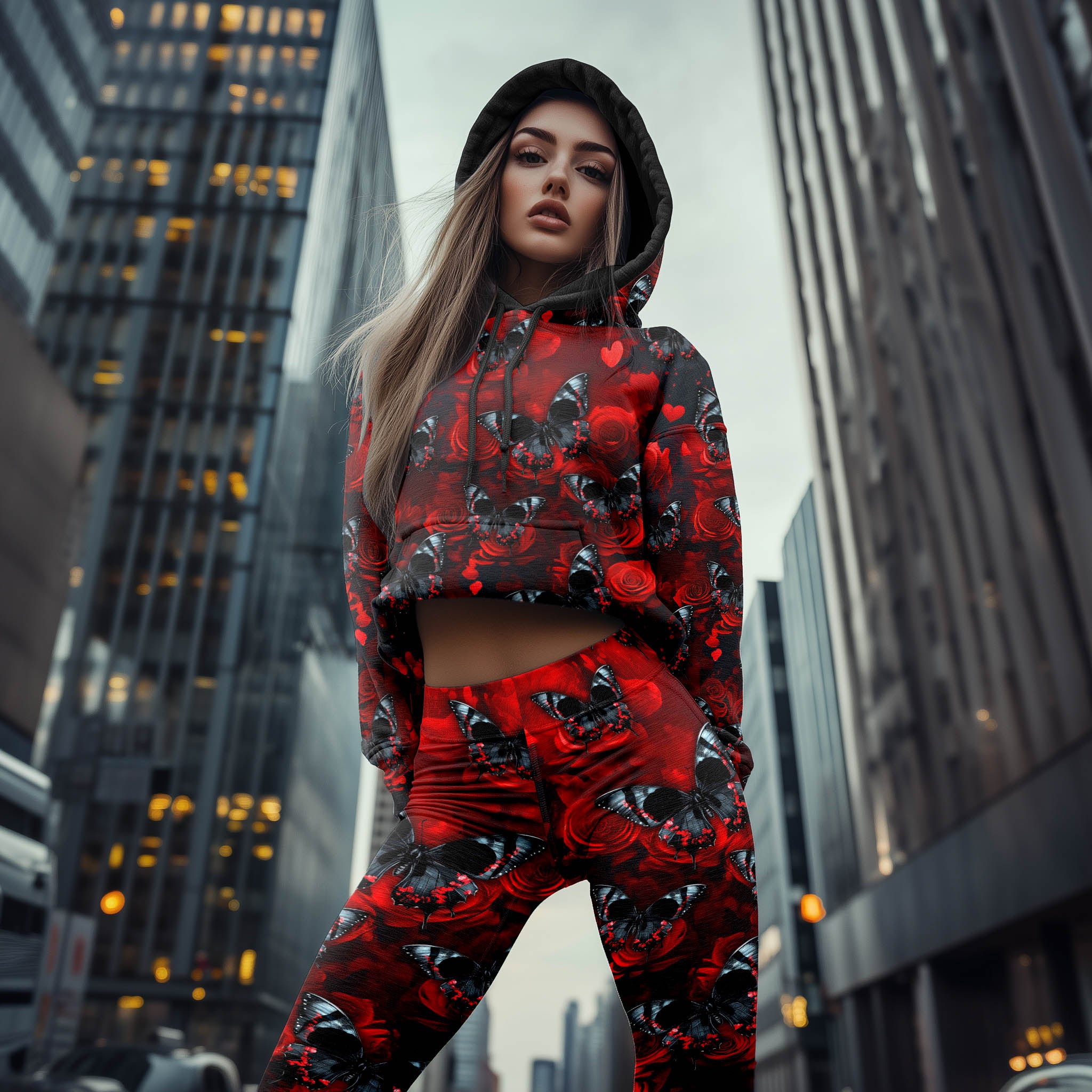 Women Hoodie and Leggings, Red Butterfly Skull Outwear Pants Outfit