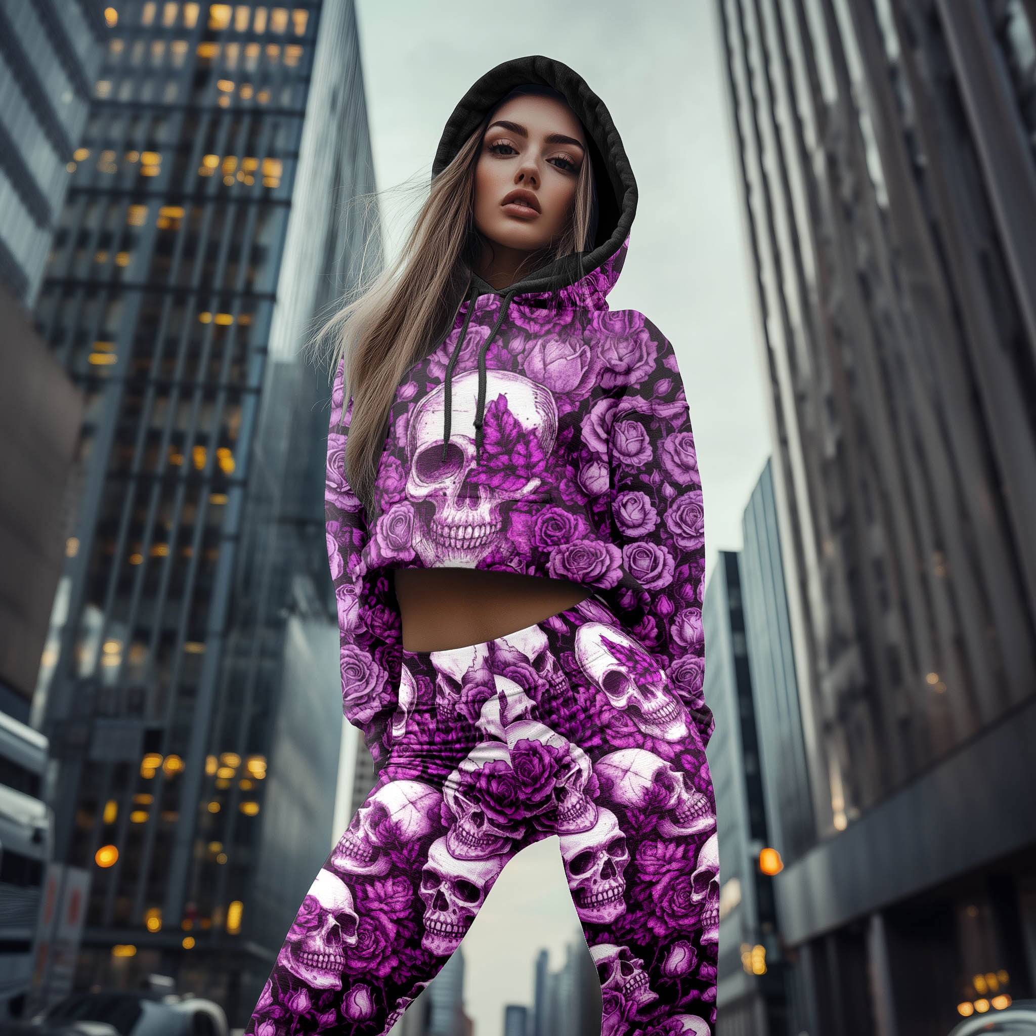 Women Hoodie and Leggings, Violet Gothic Skull Rose Outwear Pants Outfit
