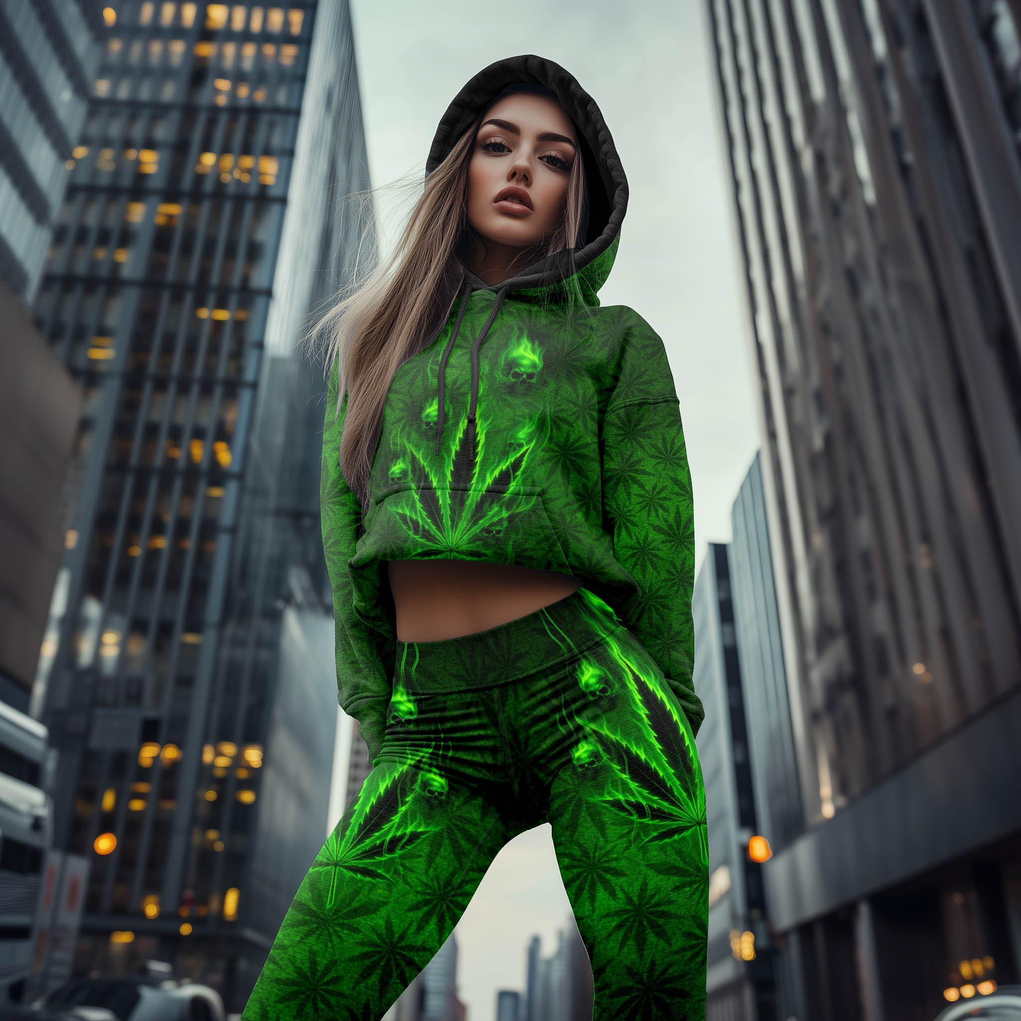 Women Hoodie and Leggings, Green Skull Leaf Pattern Outwear Pants Outfit