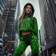 Women Hoodie and Leggings, Green Skull Leaf Pattern Outwear Pants Outfit