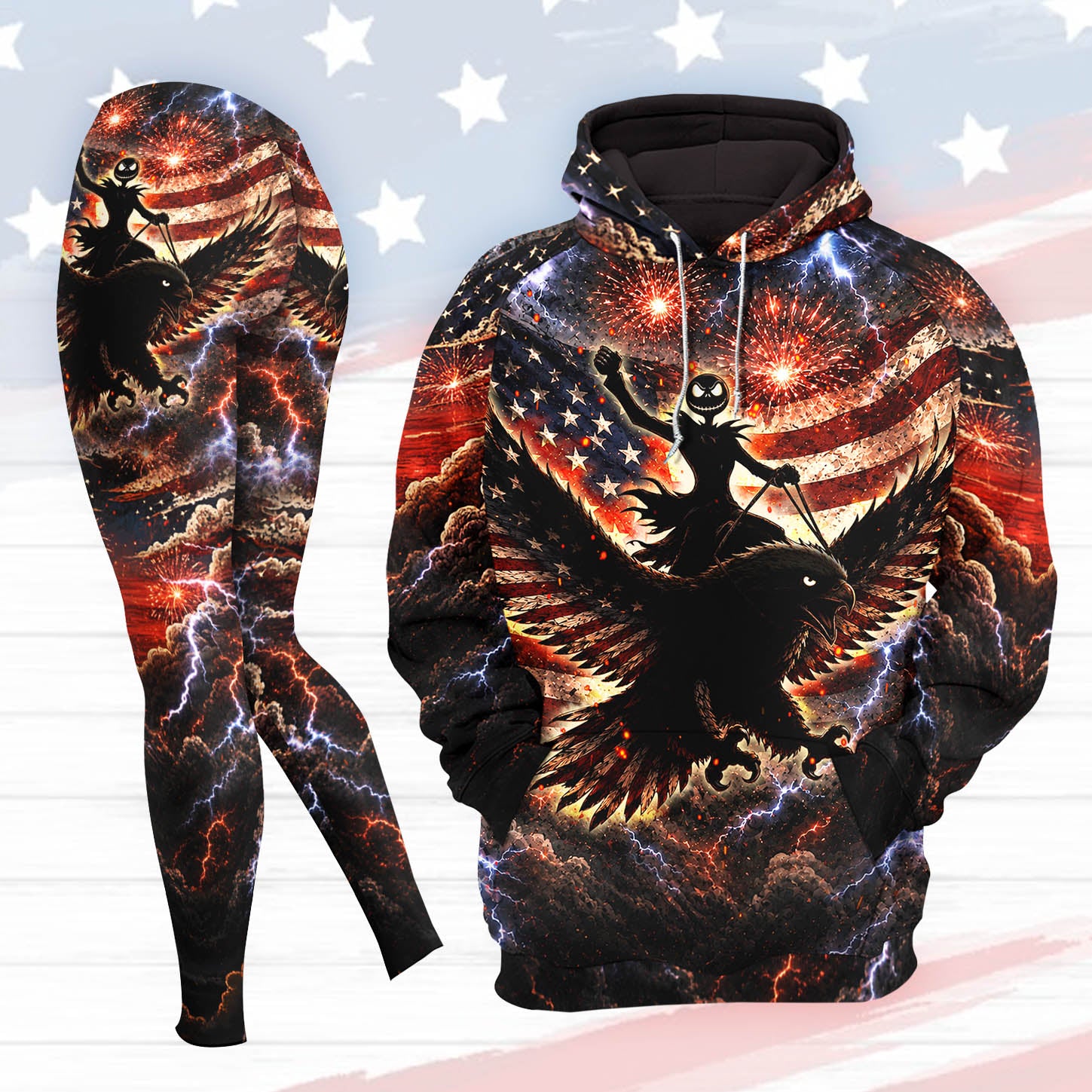 Women Hoodie and Leggings, Patriot Skull Thunder Art Outwear Pants Outfit