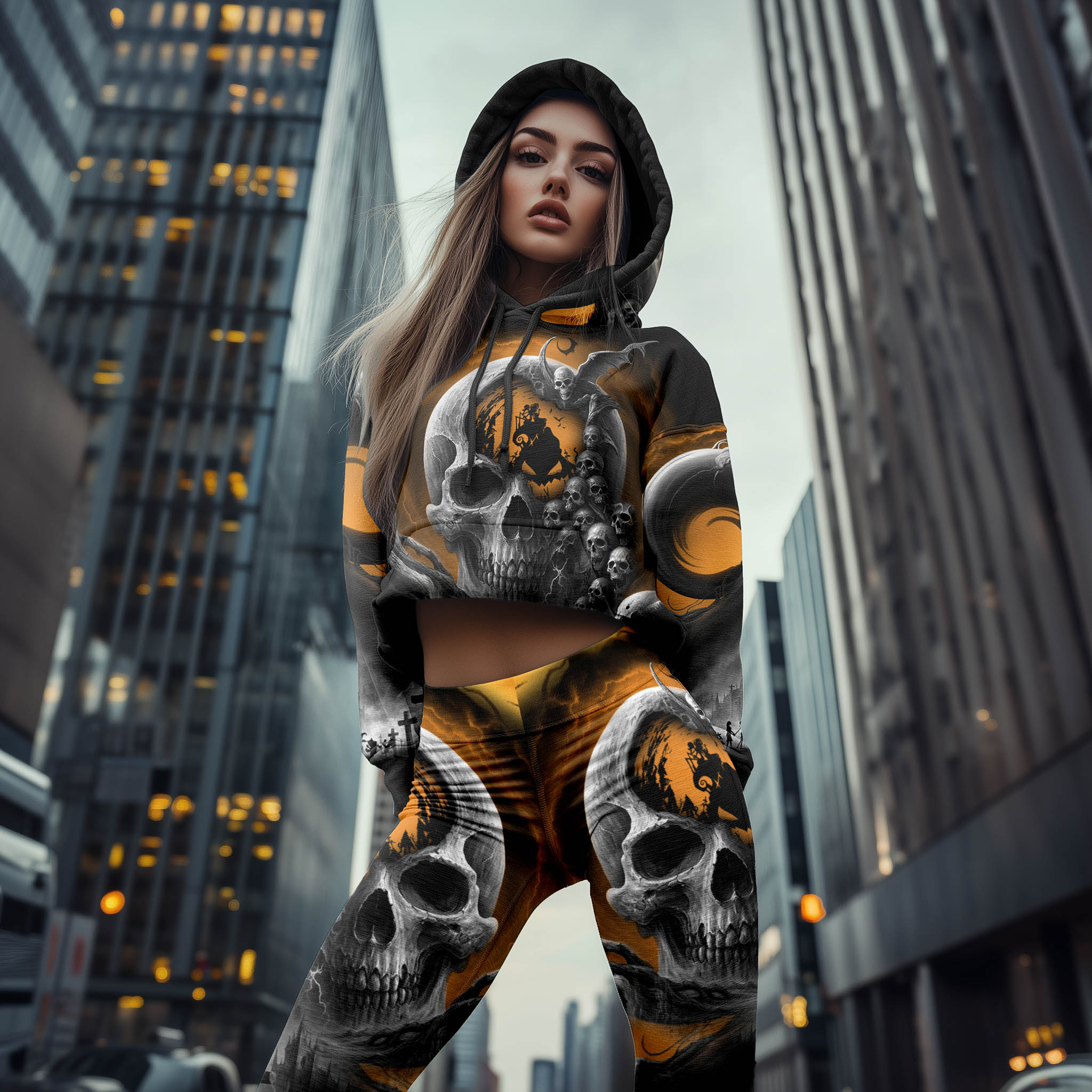 Women Hoodie and Leggings, Moonlight Skull Couple Outwear Pants Outfit