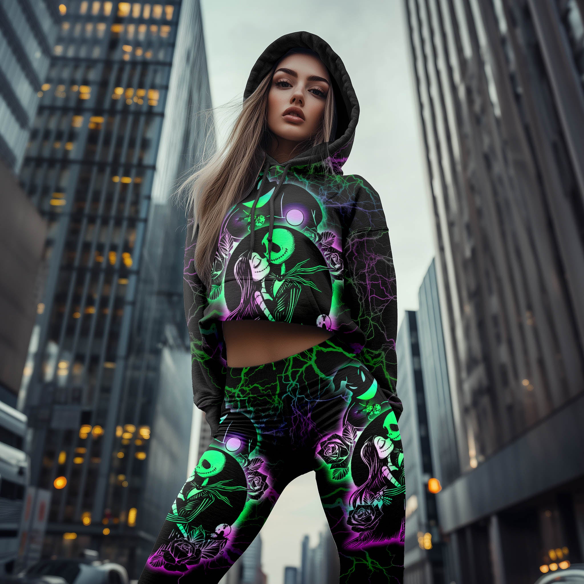 Women Hoodie and Leggings, Green Rose Art Outwear Pants Outfit