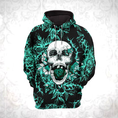 Cyan Skull Rose Floral Combo Hoodie and Leggings - Dark and edgy matching set with skull designs for a unique and stylish look