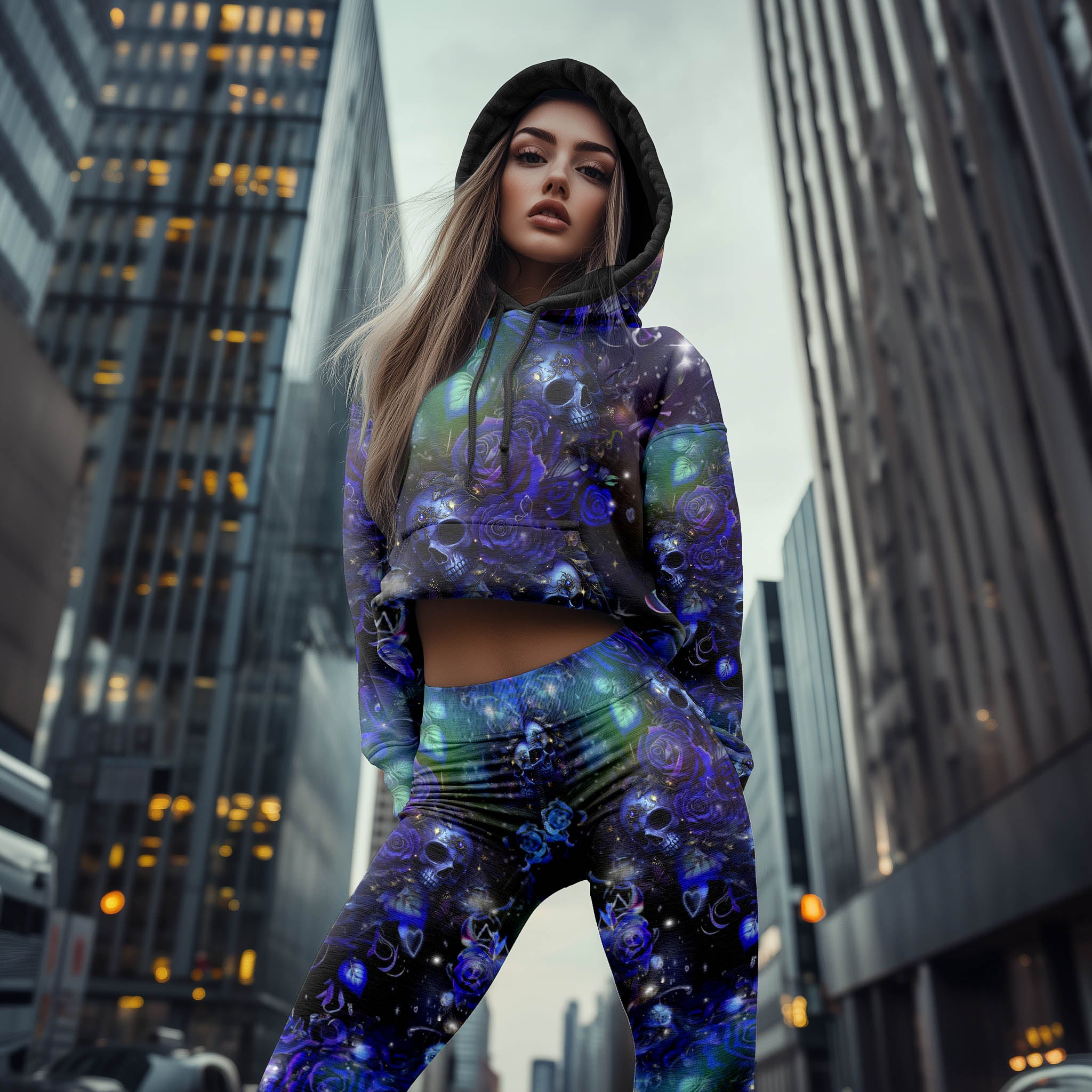 Women Hoodie and Leggings, Abstract Purple Skull Outwear Pants Outfit