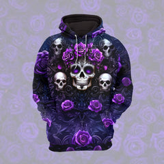 Women Hoodie and Leggings, Purple Skull Rose Art Outwear Pants Outfit