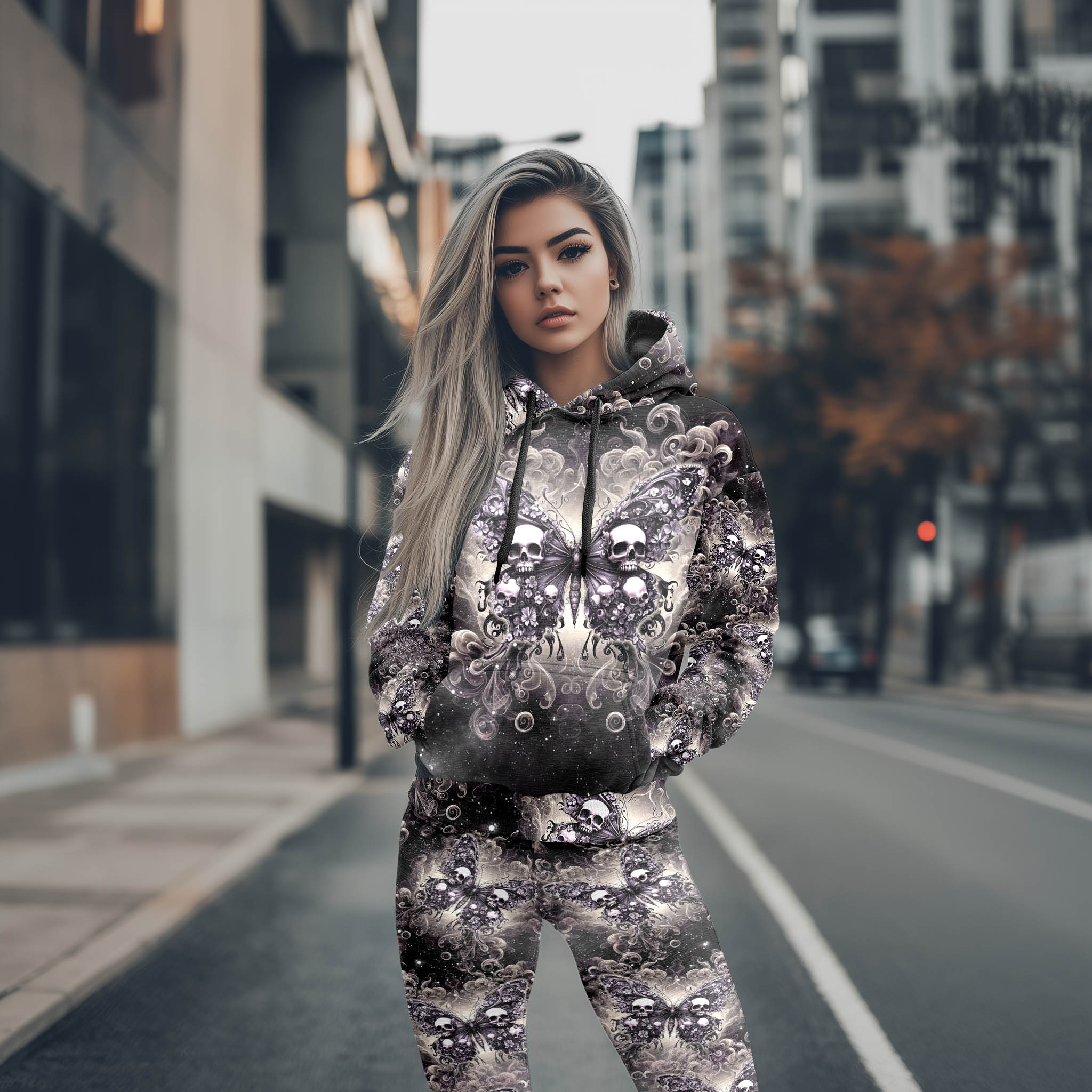 Women Hoodie and Leggings, Galaxy Butterfly Skull Art Outwear Pants Outfit