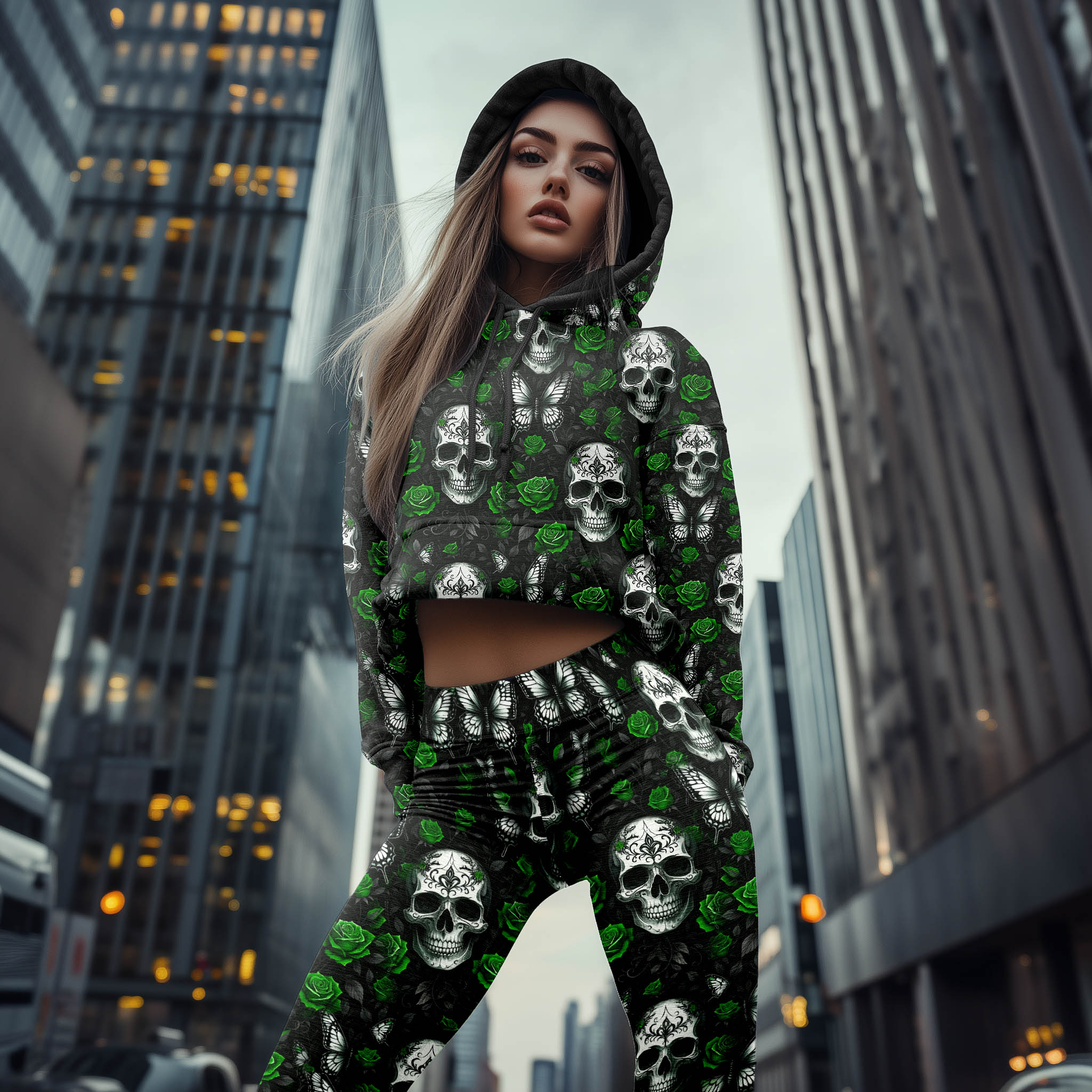 Women Hoodie and Leggings, Green Skull Poison Garden Outwear Pants Outfit