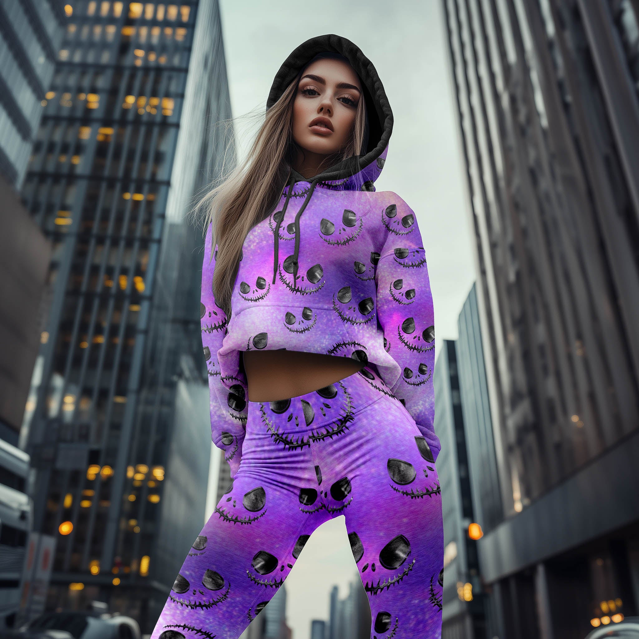 Women Hoodie and Leggings, Purple Face Pattern Outwear Pants Outfit