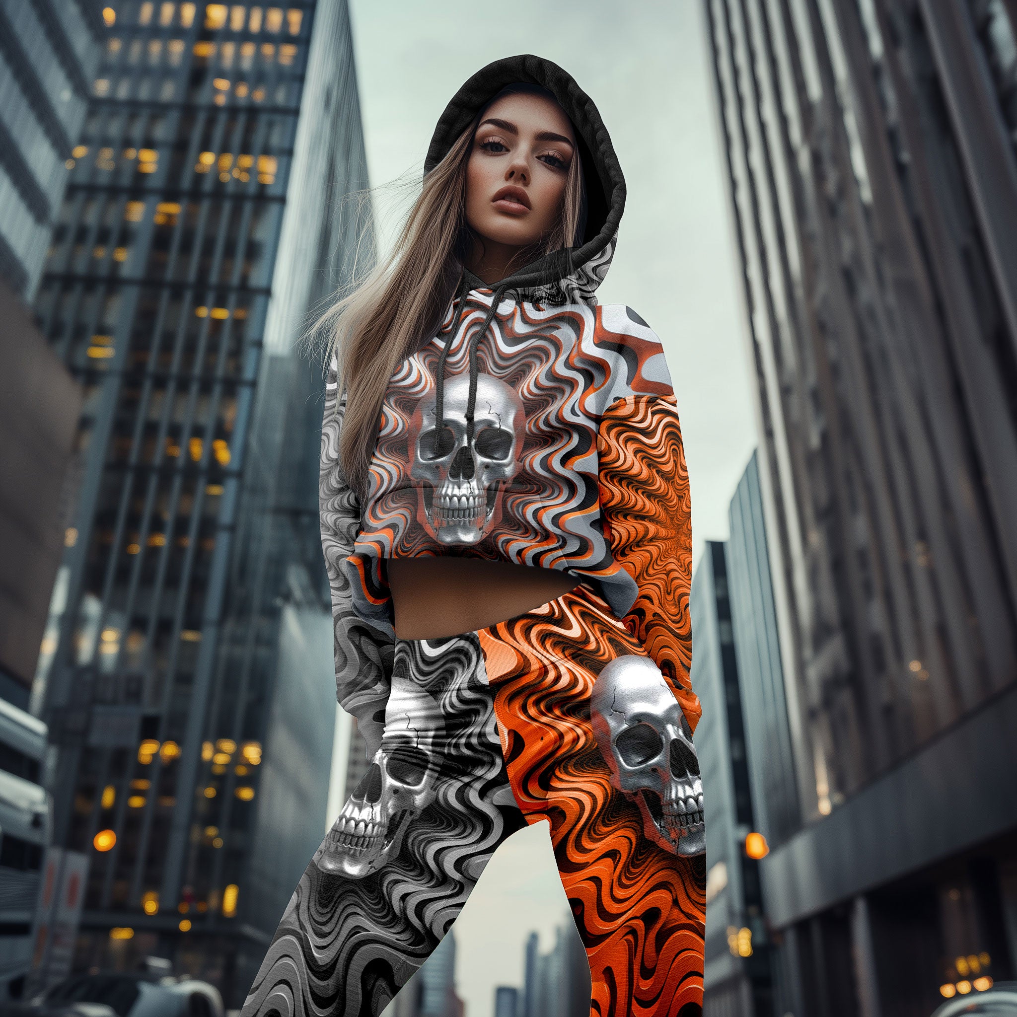 Women Hoodie and Leggings, Orange Wavy Skull Art Outwear Pants Outfit