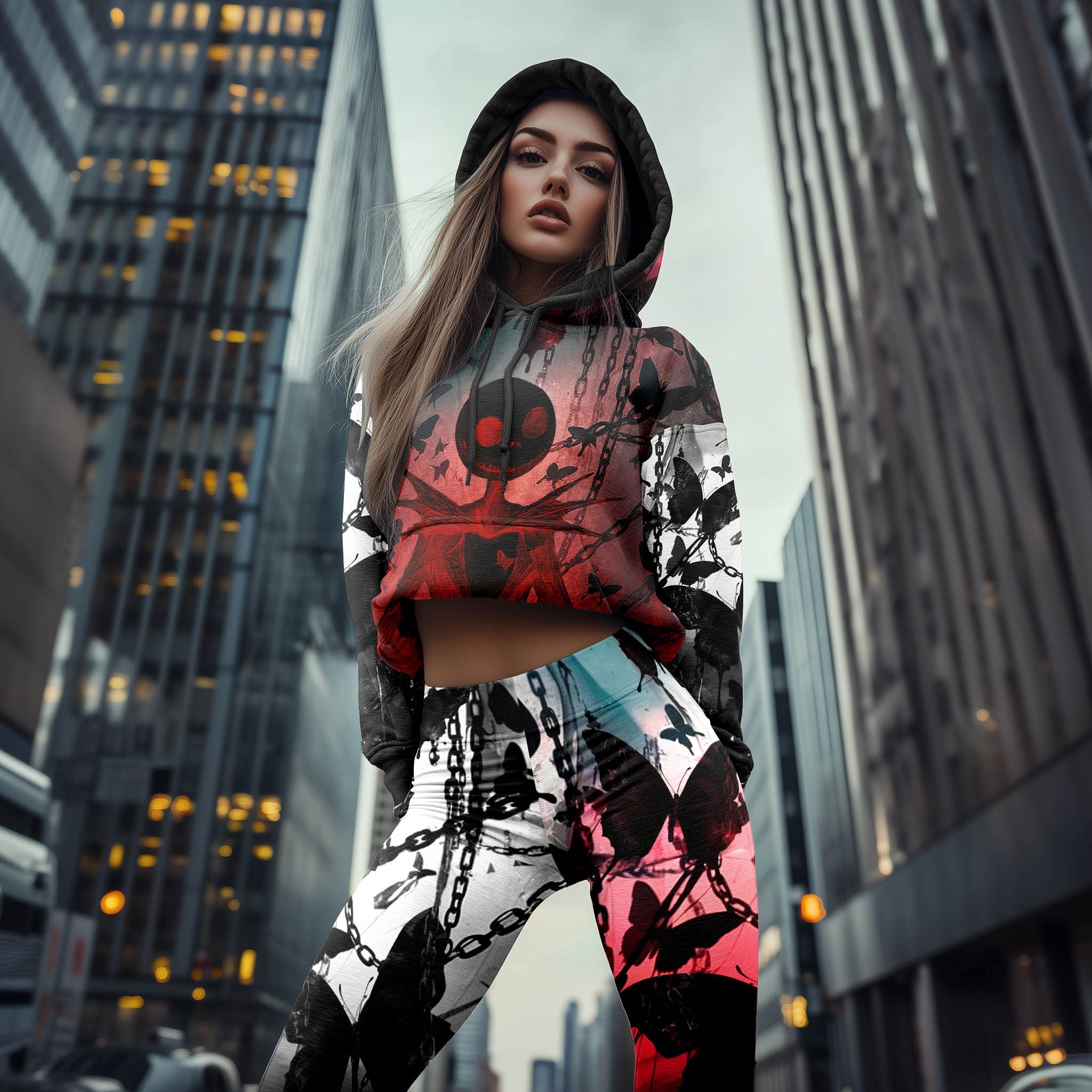 Women Hoodie and Leggings, Chains Skeleton Butterfly Outwear Pants Outfit