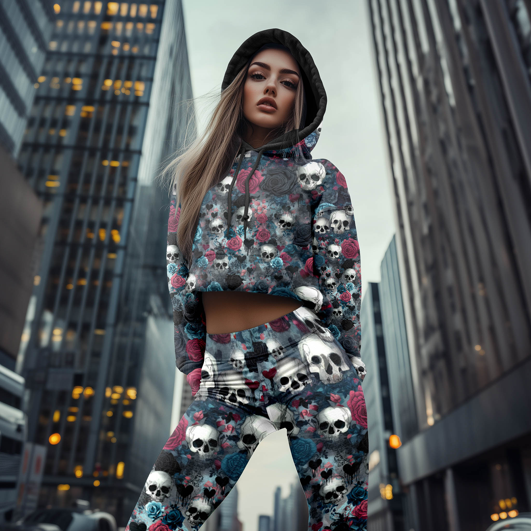 Women Hoodie and Leggings, Bleeding Roses & Broken Skulls Outwear Pants Outfit