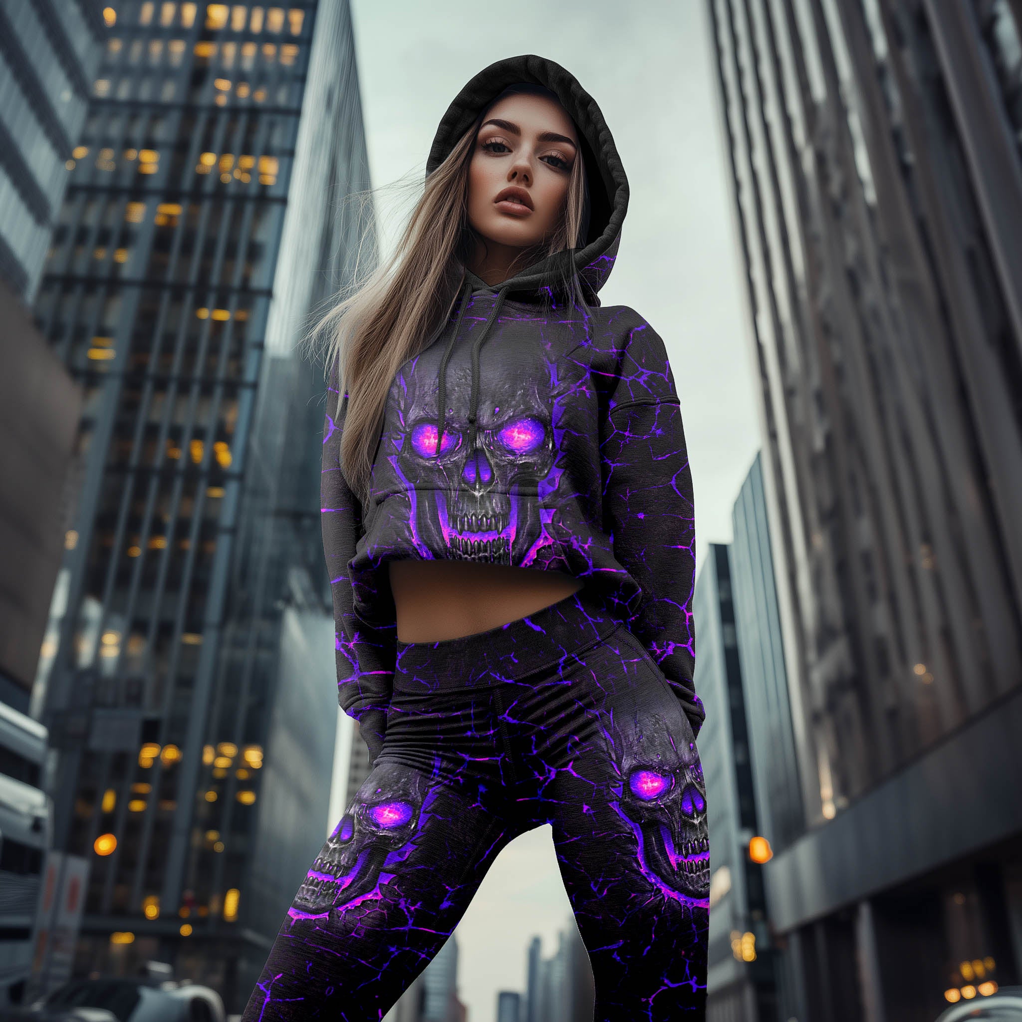 Women Hoodie and Leggings, Purple Skull Lava Outwear Pants Outfit