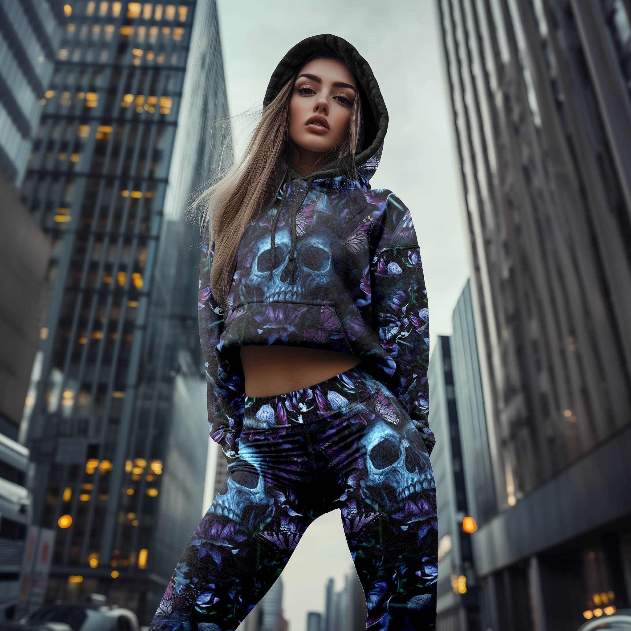 Women Hoodie and Leggings, Purple Mushroom Skull Outwear Pants Outfit