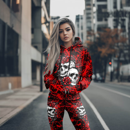 Women Hoodie and Leggings, Red Skull Floral Rose Outwear Pants Outfit