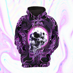 Purple Holographic Skull Melt Combo Hoodie and Leggings - Dark and edgy matching set with skull designs for a unique and stylish look