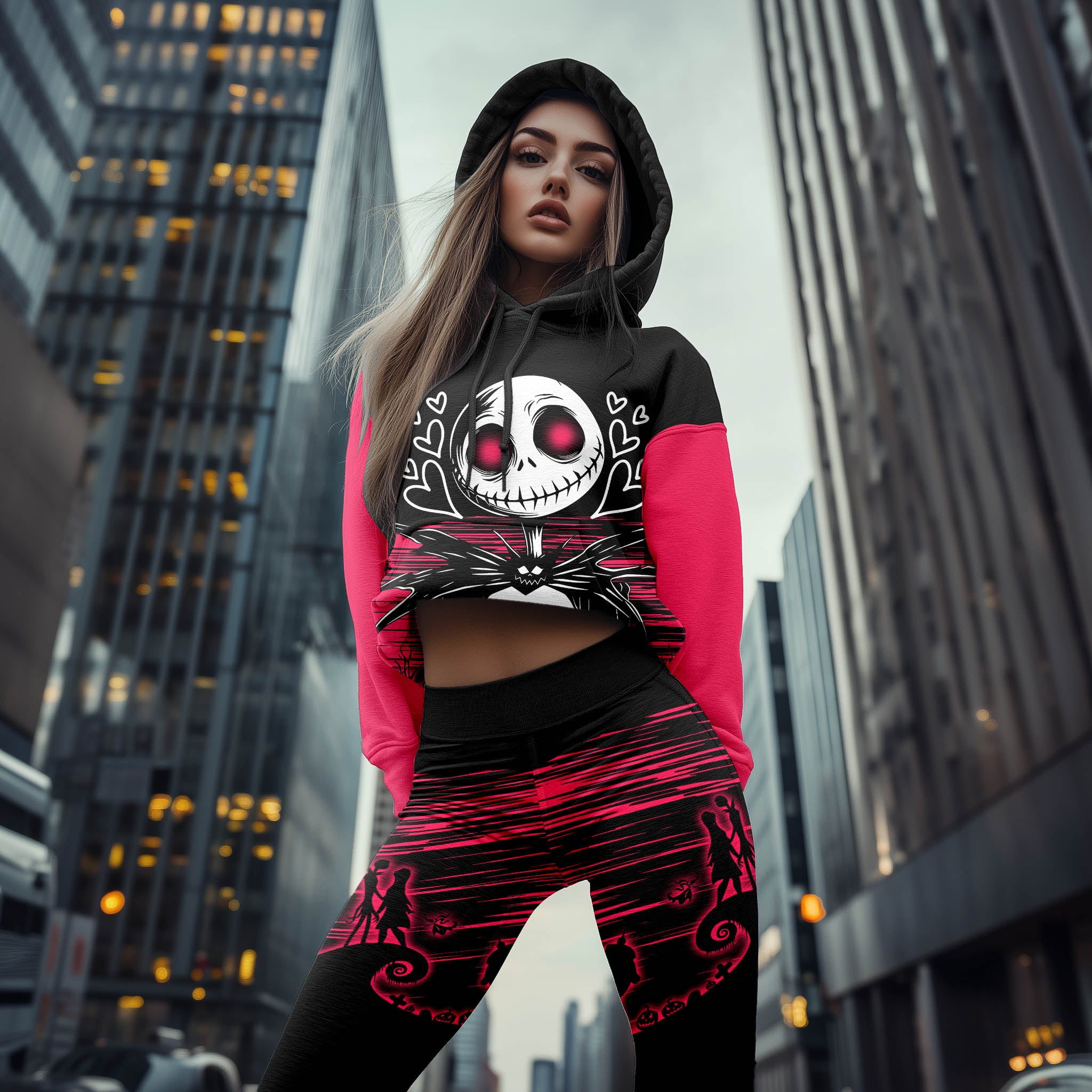 Women Hoodie and Leggings, Pink Couple Art Outwear Pants Outfit