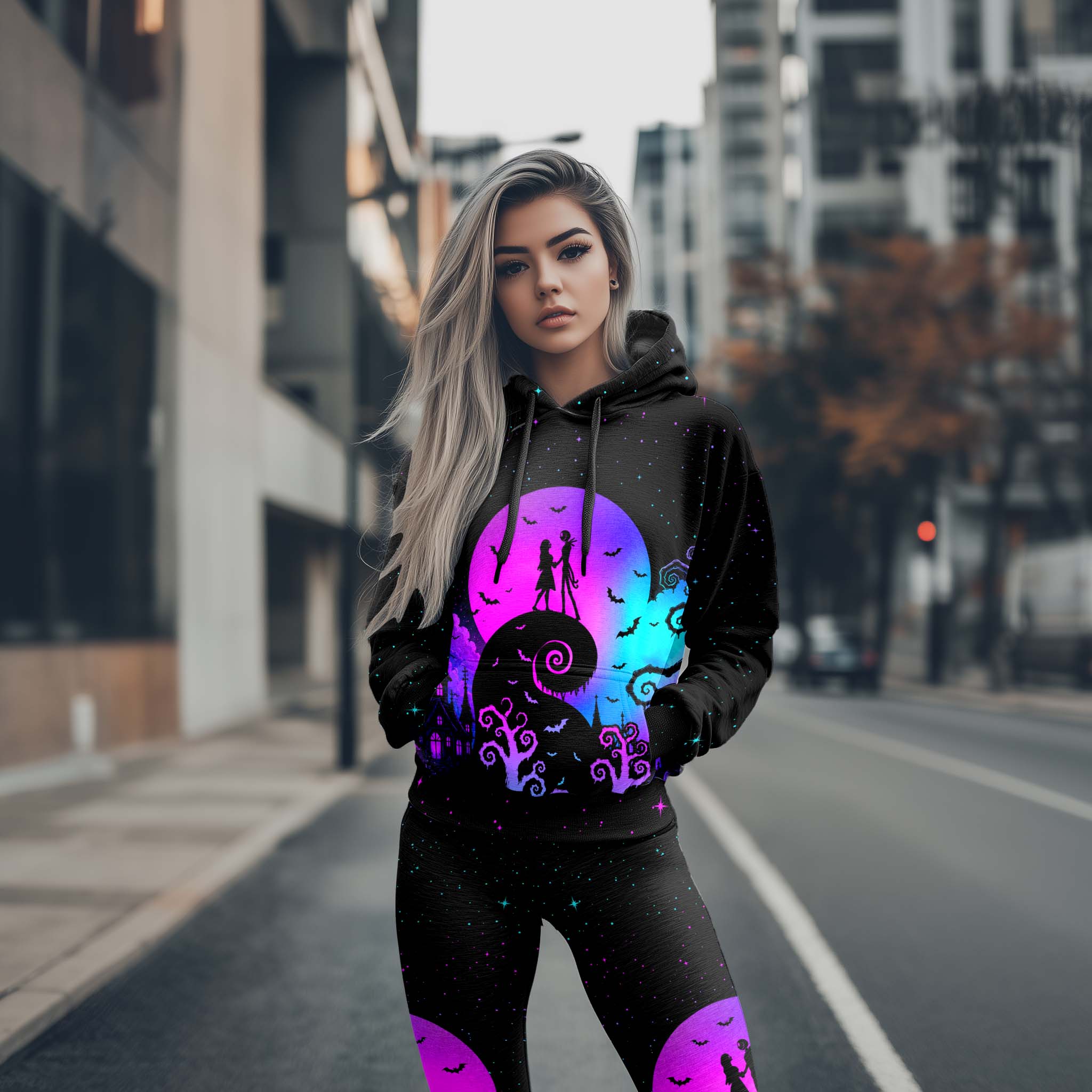 Women Hoodie and Leggings, Neon Moonlight Couple Outwear Pants Outfit