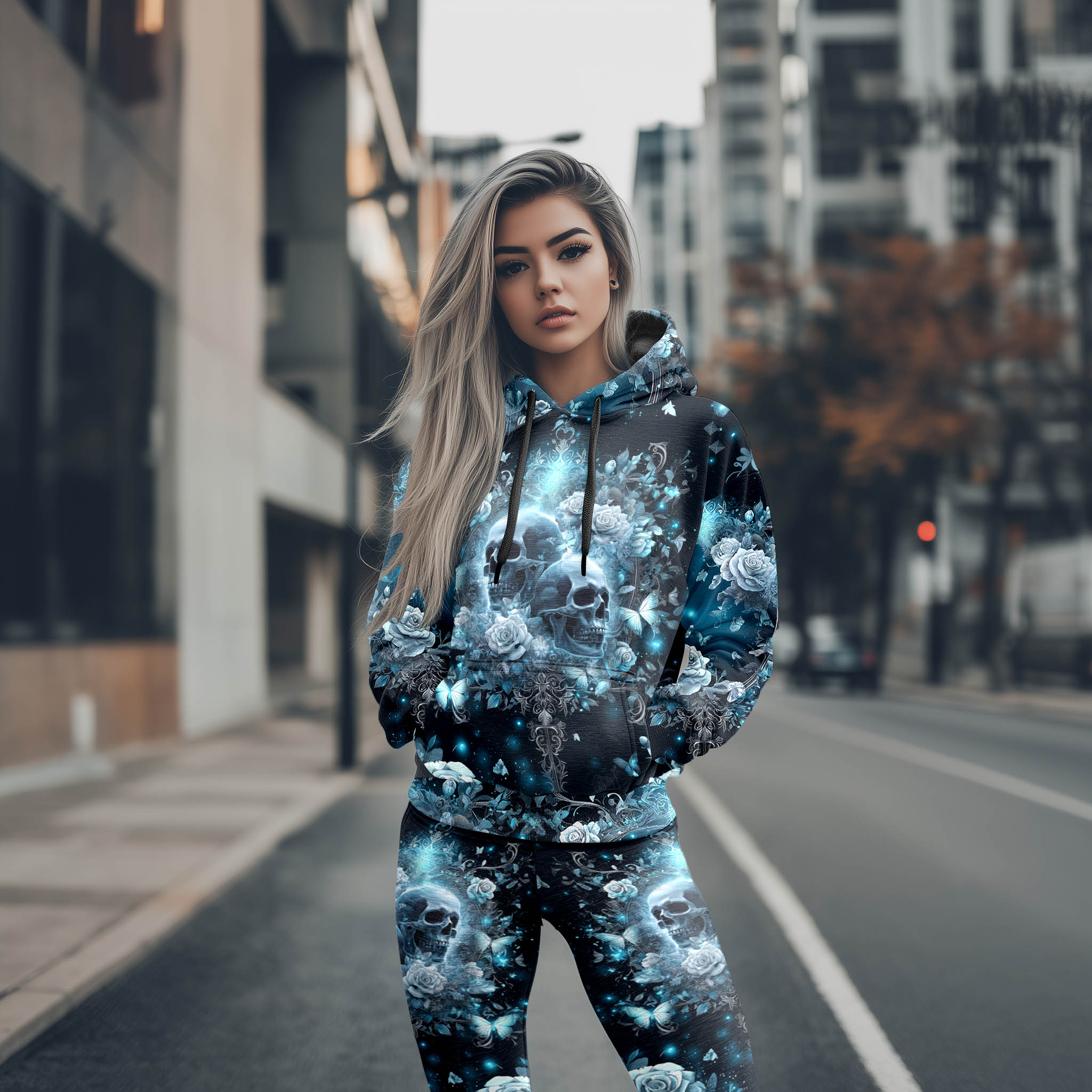 Women Hoodie and Leggings, Frozen Skull Butterfly Flower Outwear Pants Outfit
